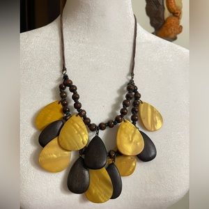 Leather bead chain with cluster teardrop yellow brown shell Necklace 10”extender